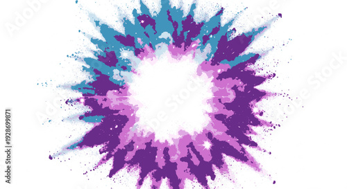 Vibrant purple pink and blue paint splatter explosion on white background abstract colorful design element