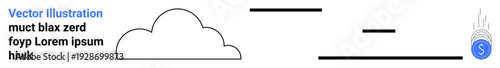 Financial transactions, cloud computing, minimalism, technology, data storage, digital currency. Abstract cloud with horizontal lines and a coin symbol with dollar sign. Financial transactions