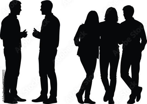 Adult silhouettes talking and standing together, group of friends or colleagues social interaction, communication and teamwork concept, casual people meeting isolated on white background