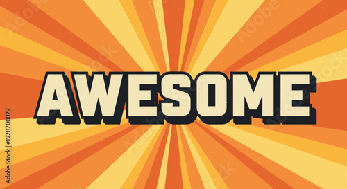 Awesome Word Text on Retro Sunburst Background, Vintage Comic Style