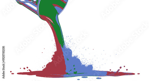 Colorful paint pouring and splashing with red green blue hues on white background abstract art