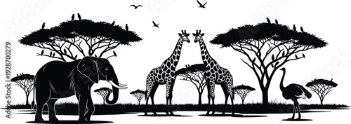 African savannah wildlife silhouette vector illustration featuring majestic elephant, two kissing giraffes, large ostrich, acacia trees, and flying birds, for safari nature travel 