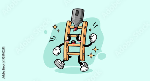 Cheerful ladder mascot with mug on top celebrates ascent.