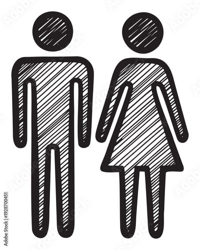 Hand drawn male and female gender symbols with a textured sketch style, perfect for public restroom signage, demographic indicators, and general human representation in informational