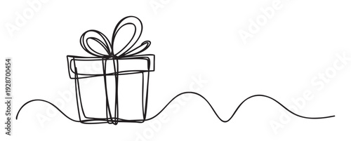 A single continuous line drawing of a gift box with a bow and an abstract wavy line perfect for festive celebrations or special occasion marketing materials
