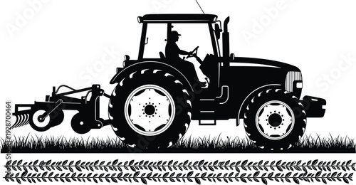 Agricultural tractor plowing field with farmer silhouette, modern farming equipment in rural landscape, black and white vector illustration for agricultur