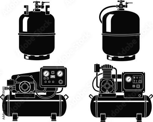 Air Compressor Black Silhouette Icon Set, Industrial Air Tanks and Portable Compressors with Pressure Gauges, Mechanic Tool Equipment Vector Illustration Collection.