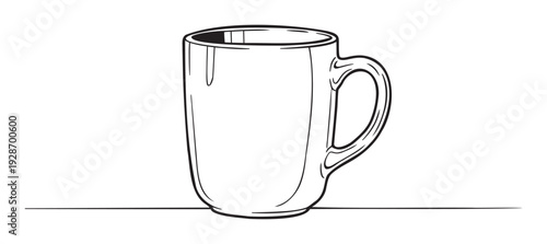 Modern minimalist black and white line art drawing of a versatile beverage mug, ideal for illustrating daily routines, coffee shop branding, or drinkware product imagery.