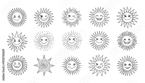 Diverse sun faces with happy winking and smiling emotions featuring playful line styles perfect for kids educational materials fun branding or seasonal designs