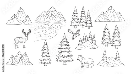 Collection of hand drawn outline nature elements featuring majestic mountains, evergreen trees, a graceful deer, a cunning fox, a flying bird, and a winding river for outdoor adventure