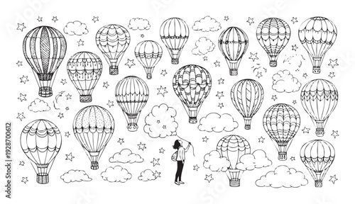 Hand drawn hot air balloons soaring among whimsical clouds and stars with a person, suitable for prints, childrens books, or event decor.
