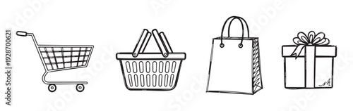 Hand drawn style collection of essential retail and consumerism items including a shopping cart, basket, bag, and gift box perfect for various commercial marketing and ecommerce projects