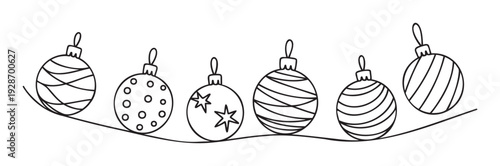 Hand drawn collection of festive Christmas baubles with various decorations hanging on a string, perfect for holiday greetings and seasonal celebration designs.