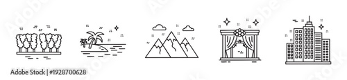 Set of minimal outline icons depicting natural landscapes including a forest, tropical island, mountains, alongside a festive stage and a modern cityscape, ideal for travel, environment,