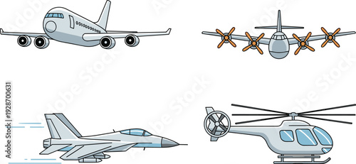 Aircraft illustration set featuring passenger plane, military jet, propeller airplane, and helicopter isolated on white background for aviation, transportation, defense, and travel design concepts