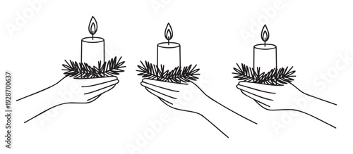 Three hands gently holding lit candles surrounded by lush fir branches, perfect for evoking warmth, peace, and holiday spirit in seasonal greetings or spiritual designs.