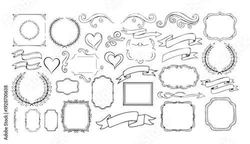 A versatile collection of handdrawn ornamental frames elegant borders decorative ribbons and classic laurel wreaths perfect for wedding invitations certificates and scrapbooking projects