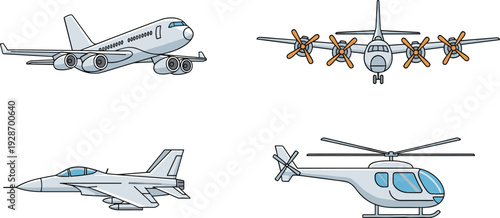 Aircraft illustration set featuring passenger airplane, turboprop plane, military jet and helicopter, aviation and air transport vehicles collection isolated on white background