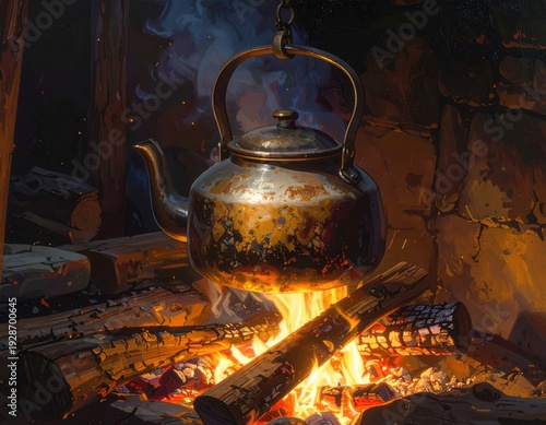 A rustic iron kettle hanging over an open fire