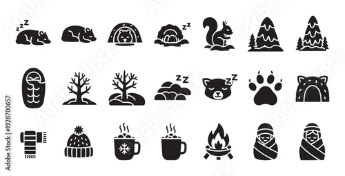 Winter hibernation and cozy comfort vector icons featuring sleeping animals, bare trees, snow covered mountains, warm drinks, and snug activities perfect for seasonal graphics and holiday