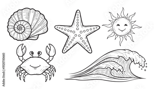Line drawing of marine life creatures like seashell, starfish, happy sun, smiling crab, and ocean wave, perfect for summer themed educational materials or holiday vacation projects