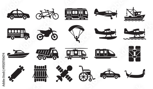 A diverse collection of transportation and travel icons for web graphics, applications, presentations, and informational purposes