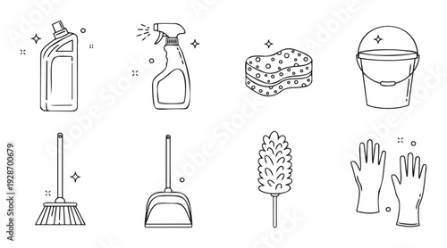 Essential home supplies and tools for everyday chores, presented as simple outlines, perfect for household management concepts and service presentations