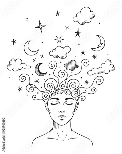 A serene woman with closed eyes has swirls of night sky elements like stars, moons, and clouds floating from her head, perfect for spiritual and mindfulness themes