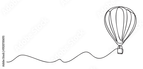 Continuous line drawing of a hot air balloon flying gracefully, symbolizing travel, freedom, and exploration, ideal for captivating posters, headers, and branding materials.