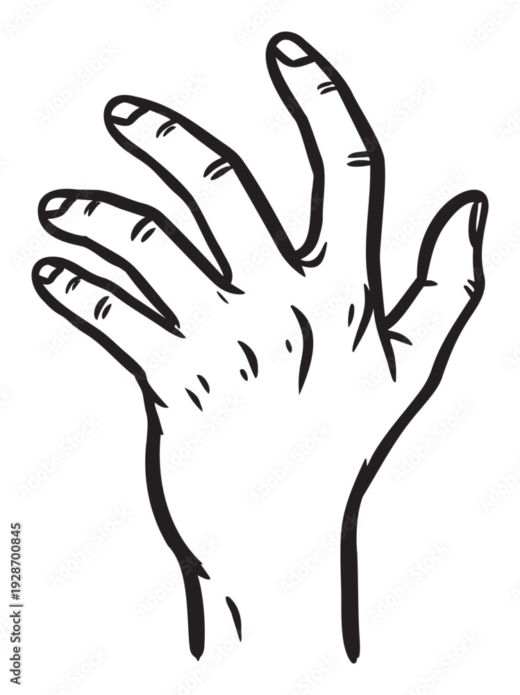Fototapeta premium Simple black and white line drawing of an open human hand with fingers spread, ideal for educational materials, sign language guides, or graphic design projects requiring a clear hand