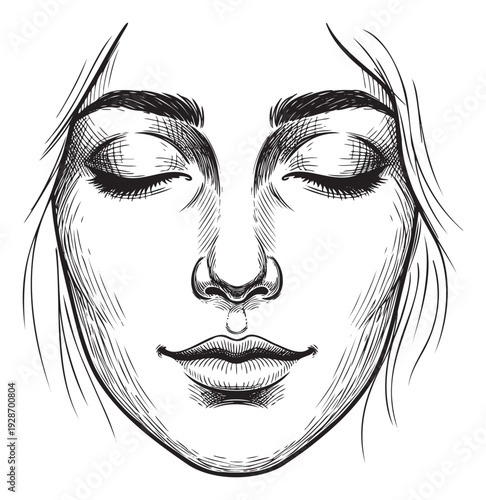 Serene woman with closed eyes in a monochromatic engraved style portrait perfect for wellness and relaxation themed publications or spiritual presentations.