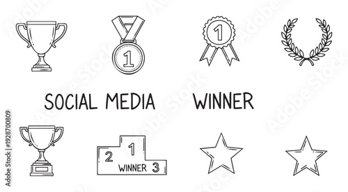 Collection of handdrawn victory and achievement symbols including trophy cup, gold medal, winner ribbon badge, laurel wreath, podium, and star for social media recognition.