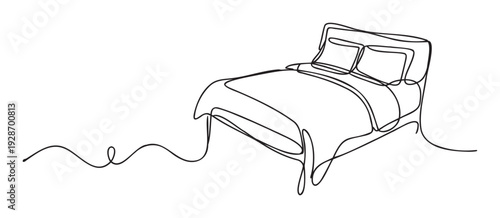 Elegant single line drawing of a comfortable bed with pillows and blanket, perfect for home decor, bedroom themes, or minimalist interior branding.