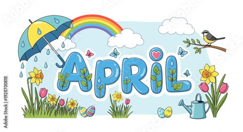 April Illustration with Flowers and Umbrella.