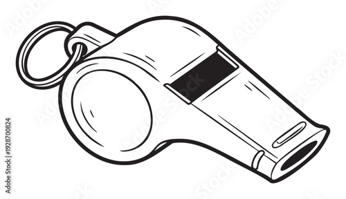 A simple black and white line drawing of a classic whistle with an attached keyring, ideal for conveying themes of sports, coaching, refereeing, and urgent signaling in various graphic
