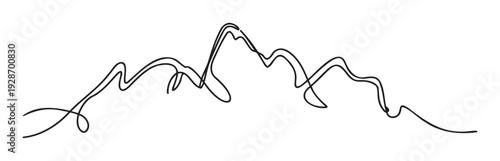 Simple black outline illustration of majestic peaks and valleys in a continuous stroke style, suitable for tranquil corporate presentations, minimalist poster designs, and artistic print