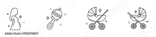 Essential pregnancy and baby care icons in a clean line style, depicting a pregnant woman, a playful baby rattle, and practical baby strollers, suitable for maternity apps or parenting