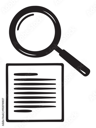 Magnifying glass hovering over a business document with text lines, symbolizing detailed examination, data analysis, and document review for professional, educational, or informational