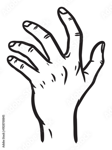 Simple black and white line drawing of an open human hand with fingers spread, ideal for educational materials, sign language guides, or graphic design projects requiring a clear hand