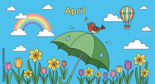 Bird on Umbrella with Flowers and Rainbow.