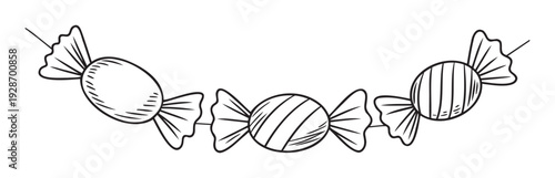 Black outline drawing of sweet candy garland featuring various wrapped confections, ideal for holiday celebration decorations, dessert shop branding, or cheerful event invitations.