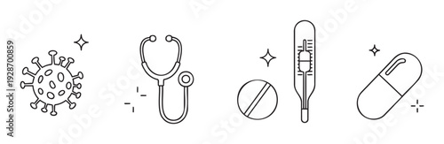 Medical line icons set featuring virus, stethoscope, thermometer, and pills, useful for healthcare applications, disease awareness, and educational content