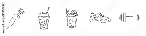 Healthy lifestyle symbols featuring fresh food beverages and workout equipment suitable for personal training nutrition guides and wellness marketing materials