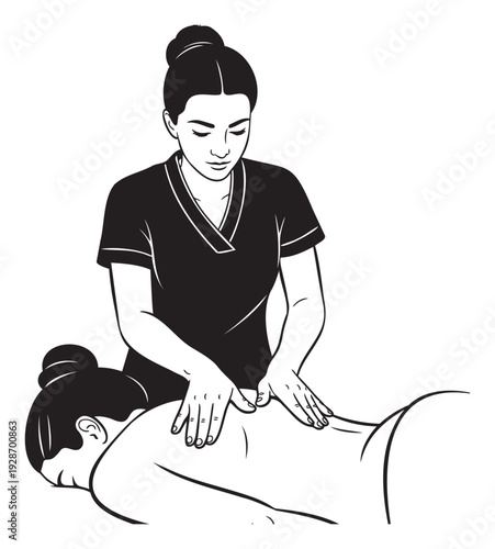 Professional masseuse provides therapeutic back massage for a client in a spa or wellness center, perfect for health and relaxation industry promotions.