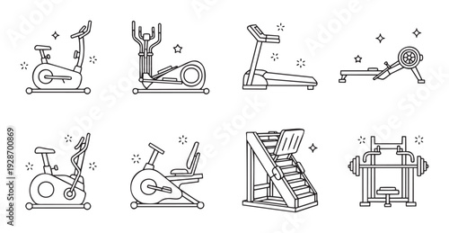 Line art icons of gym workout machines and fitness equipment, including bikes, treadmill, elliptical, rower, and weight bench, for health apps, wellness sites, and sports promotions.
