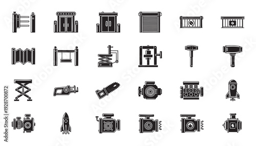 Comprehensive collection of industrial equipment icons, solid glyph symbols representing mechanical tools, engineering machinery, and construction elements for graphic design and