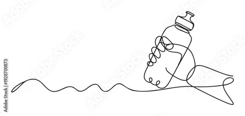 Continuous line drawing of a human hand holding a sports water bottle with a dynamic wavy line, perfect for health and wellness promotions, fitness applications, and active lifestyle