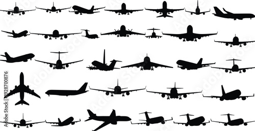Airplane silhouette collection, commercial and cargo aircraft in multiple flight angles, aviation transport icons for travel and logistics, black vector illustration set
