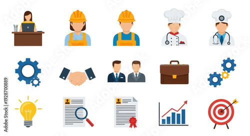 Business Professionals and Icons Representing Various Industries.