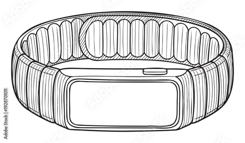 Outline sketch of a modern wearable fitness tracker with a flexible segmented wristband and rectangular screen ideal for health and technology promotions
